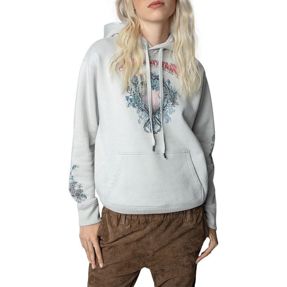 Zadig & Voltaire Spencer Grau Cotton Skull Heart Hoodie M Graphic Sweatshirt